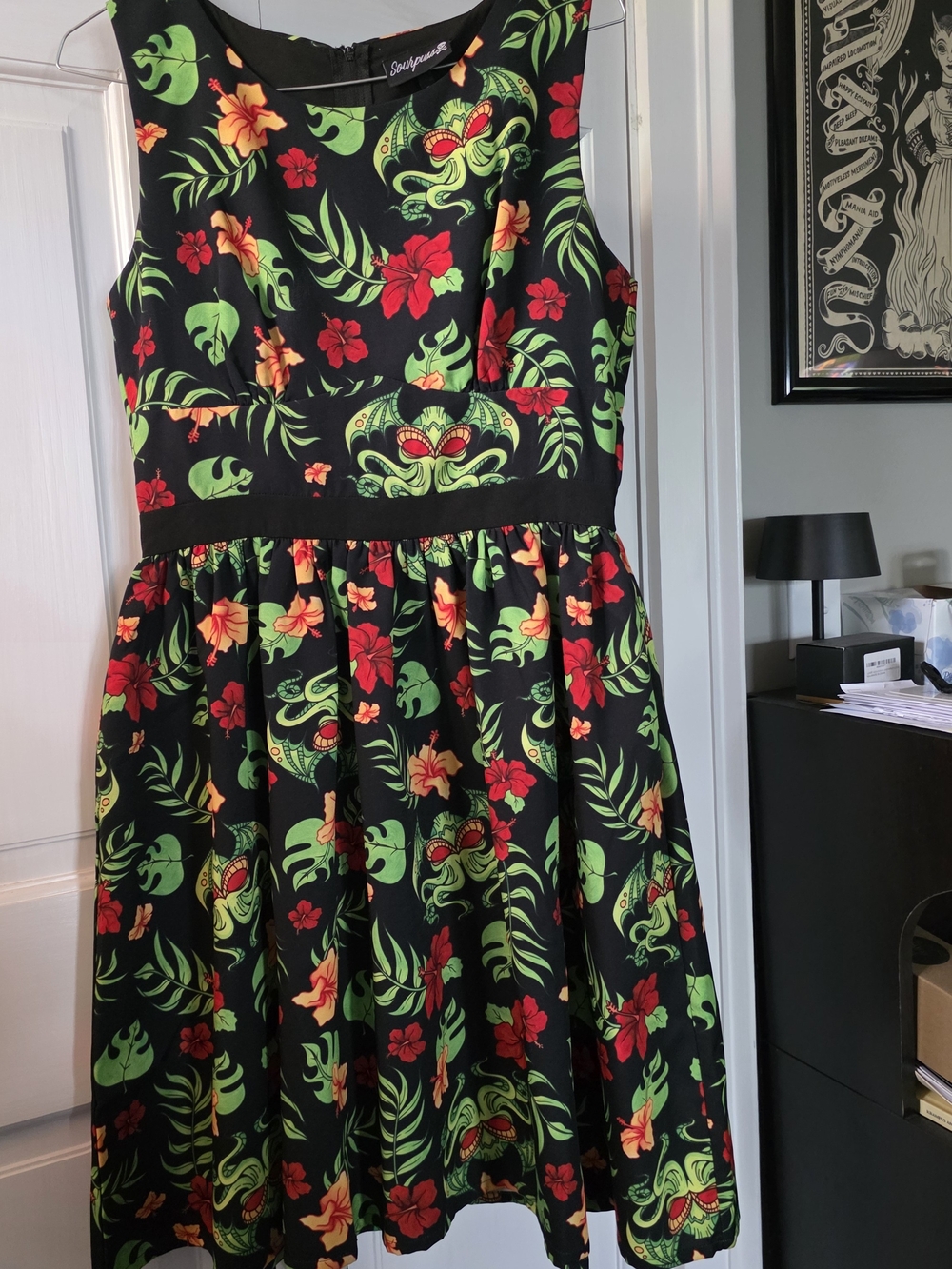 Sourpuss Black Tropical Cthulhu Floral Fit & Flare Scuba Dress